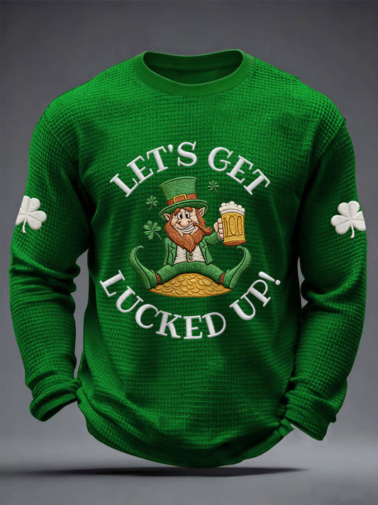 Men's St Patrick's Day Let's Get Lucked Up! Shamrock Print Casual Waffle Long Sleeve T-Shirt