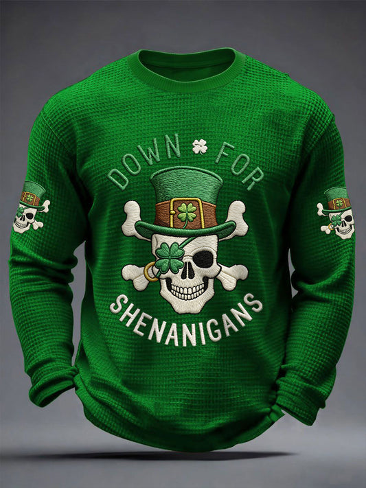 Men's St Patrick's Day Down For Shenanigans Skull Shamrock Print Casual Waffle Long Sleeve T-Shirt