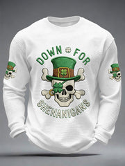 Men's St Patrick's Day Down For Shenanigans Skull Shamrock Print Casual Waffle Long Sleeve T-Shirt