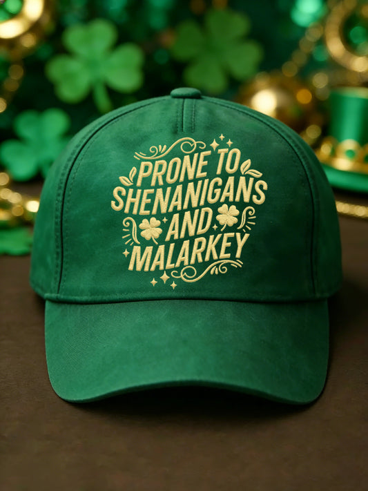 Unisex Funny St Patrick's Day Prone to Shenanigans and Malarkey Shamrock Print Hat