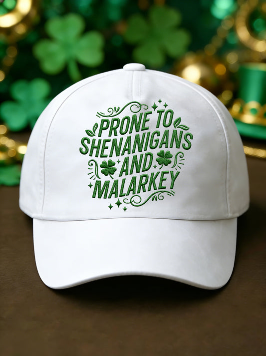 Unisex Funny St Patrick's Day Prone to Shenanigans and Malarkey Shamrock Print Hat