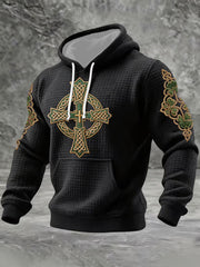Men's St Patrick's Day Shamrock Celtic Knot Cross Print Checkered Cotton Hoodie