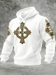 Men's St Patrick's Day Shamrock Celtic Knot Cross Print Checkered Cotton Hoodie