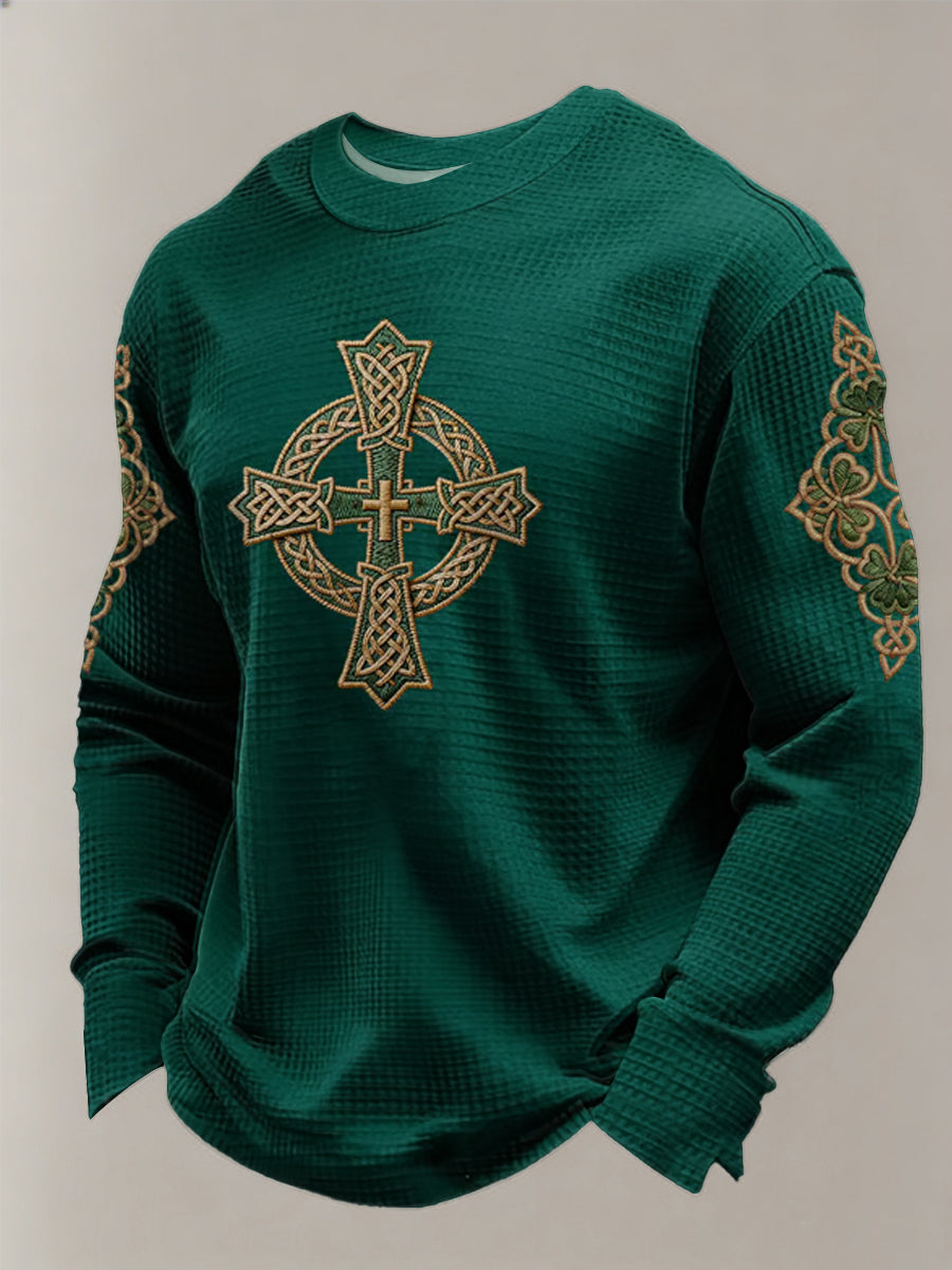 Men's St Patrick's Day Shamrock Celtic Knot Cross Print Waffle Sweatshirt