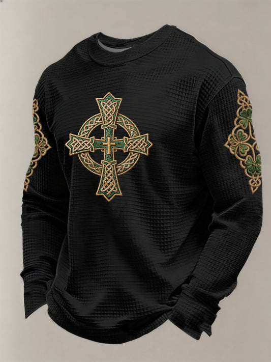 Men's St Patrick's Day Shamrock Celtic Knot Cross Print Waffle Sweatshirt