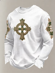 Men's St Patrick's Day Shamrock Celtic Knot Cross Print Waffle Sweatshirt