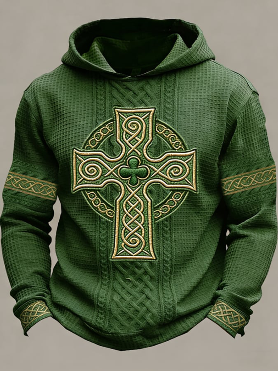 Men's St. Patrick's Day Shamrock Cross Print Waffle Knit Sweatshirt