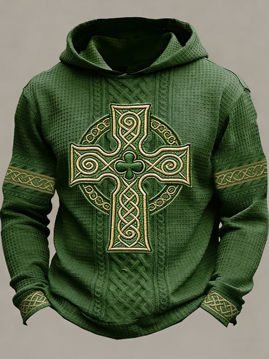 Men's St. Patrick's Day Shamrock Cross Print Waffle Knit Sweatshirt