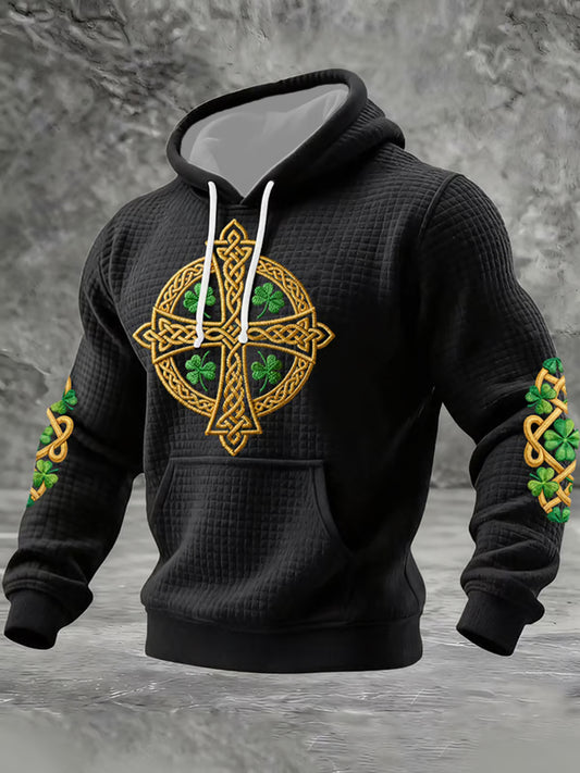 Men's St Patrick's Day Shamrock Celtic Knot Cross Print Checkered Cotton Hoodie