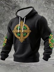 Men's St Patrick's Day Shamrock Celtic Knot Cross Print Checkered Cotton Hoodie