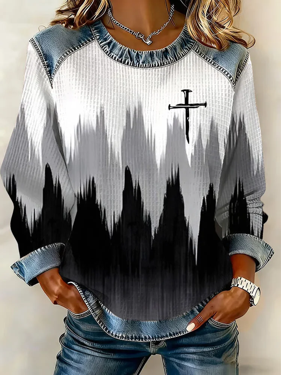 Women's Faith Print Denim Patchwork Top