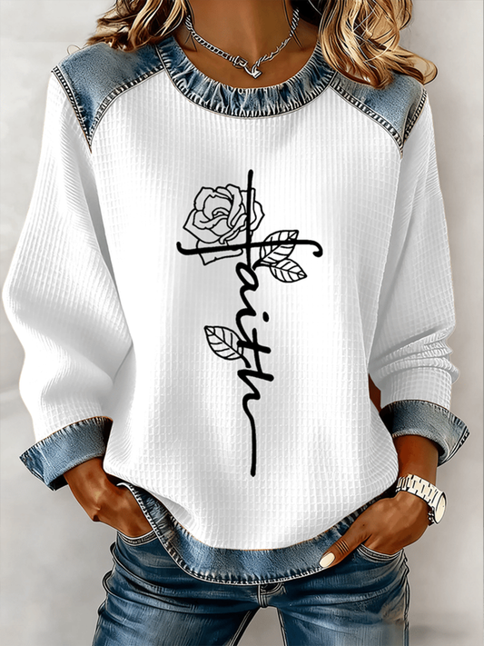 Women's Jesus Cross Flowers Denim Patchwork Top