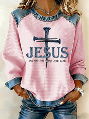 Women's Jesus The Way The Truth The Life Cross Denim Waffle Patchwork Top