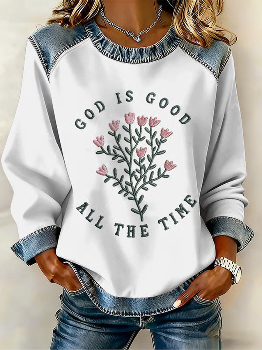 Women'S God Is Good Casual Denim Patchwork Top