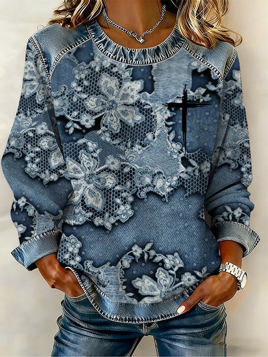 Women's Cross Flowers Denim Patchwork Top