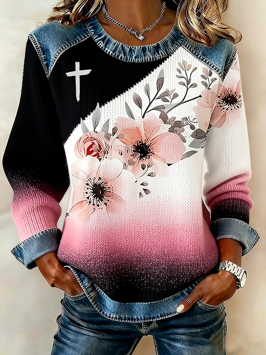 Women's Cross Flowers Denim Patchwork Top