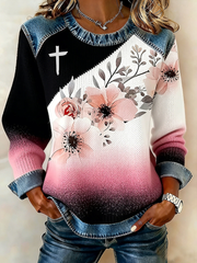Women's Cross Flowers Denim Patchwork Top