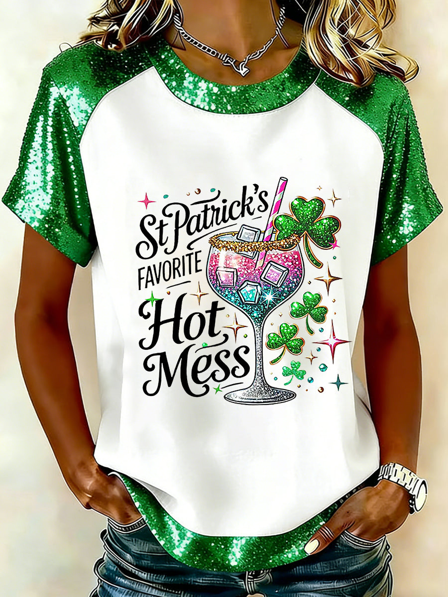 Women's St Patrick’s Shamrock Hot Mess Printed Short-Sleeved T-Shirt