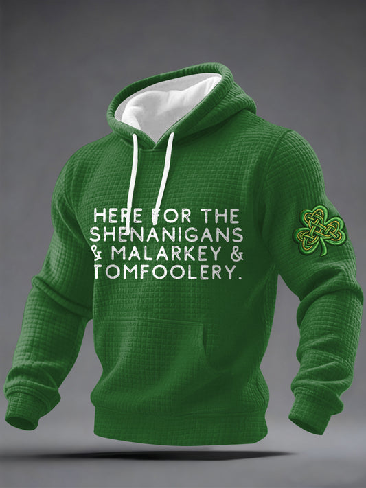 Men's Funny St. Patrick's Day Here For The Shenanigans Malarkey Tomfoolery Shamrock Print Casual Checkered Hoodie