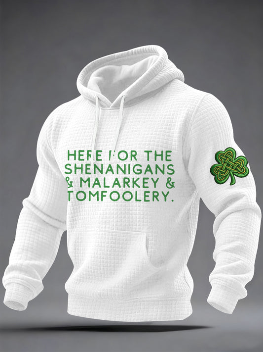 Men's Funny St. Patrick's Day Here For The Shenanigans Malarkey Tomfoolery Shamrock Print Casual Checkered Hoodie