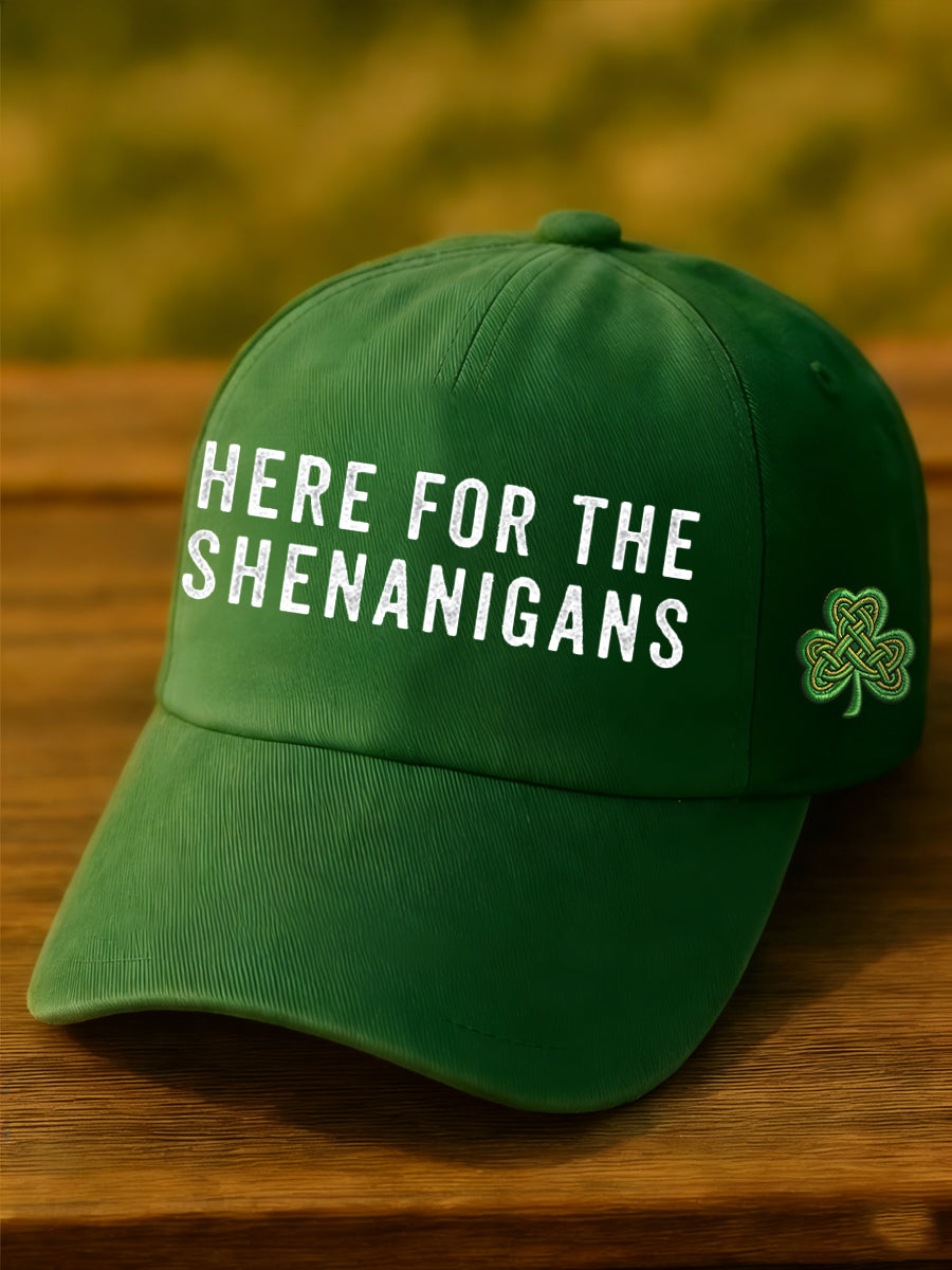 Unisex Funny St. Patrick's Day Here For The Shenanigans Shamrock Print Hat