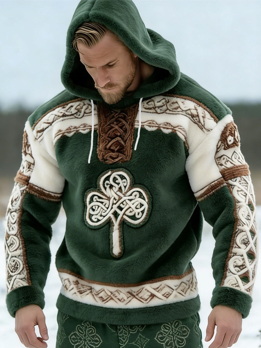 Men's St. Patrick's Day Celtic Knot Shamrock Print Casual Flannel Hoodie