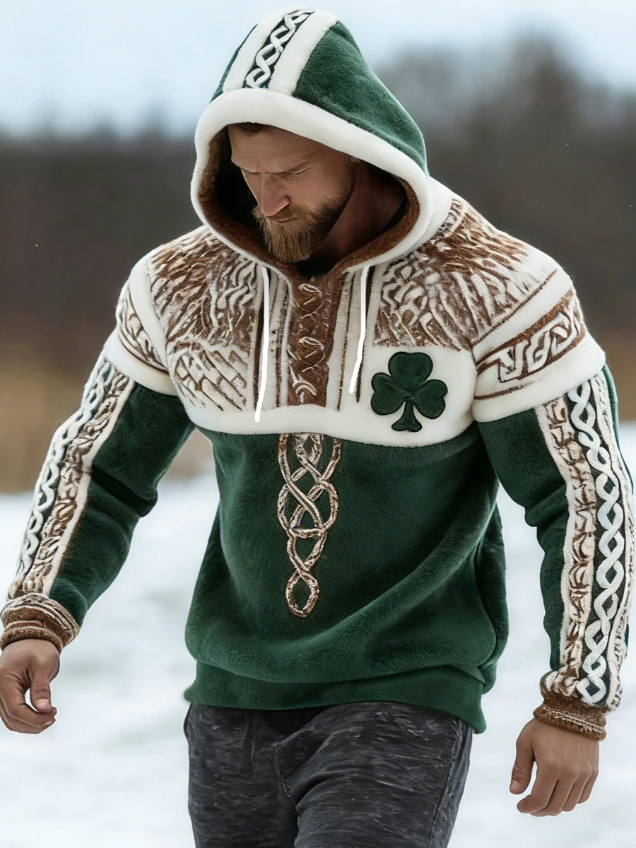 Men's St. Patrick's Day Celtic Knot Shamrock Print Casual Flannel Hoodie