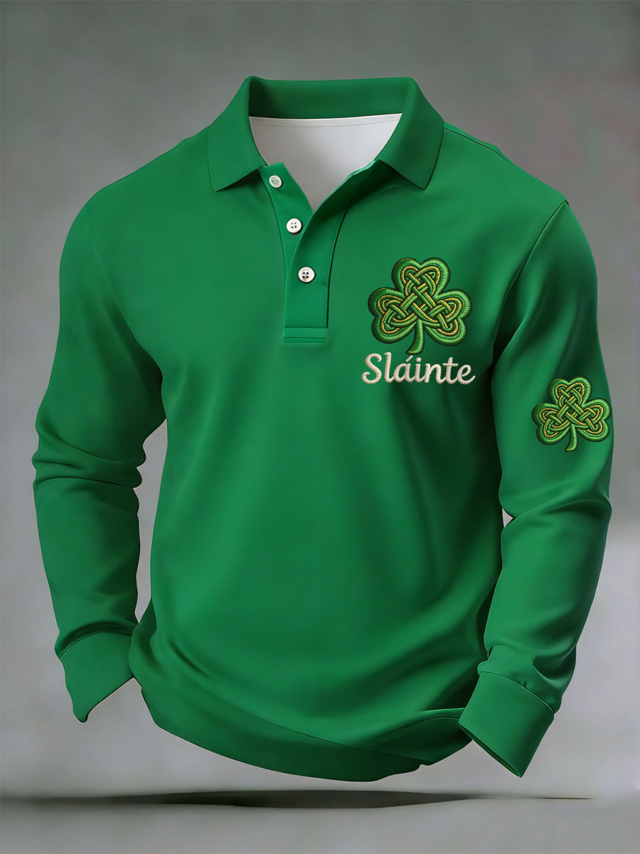 Men's Funny St. Patrick's Day Sláinte Shamrock Print Casual Long-Sleeve Top